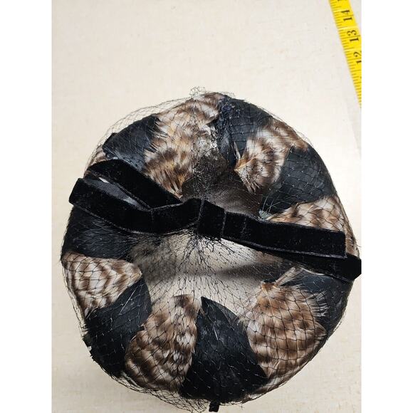 Vintage 50\'s Feather Trimmed Black Pillbox Hat With Polka Dot Veil Whimsigoth main image 6